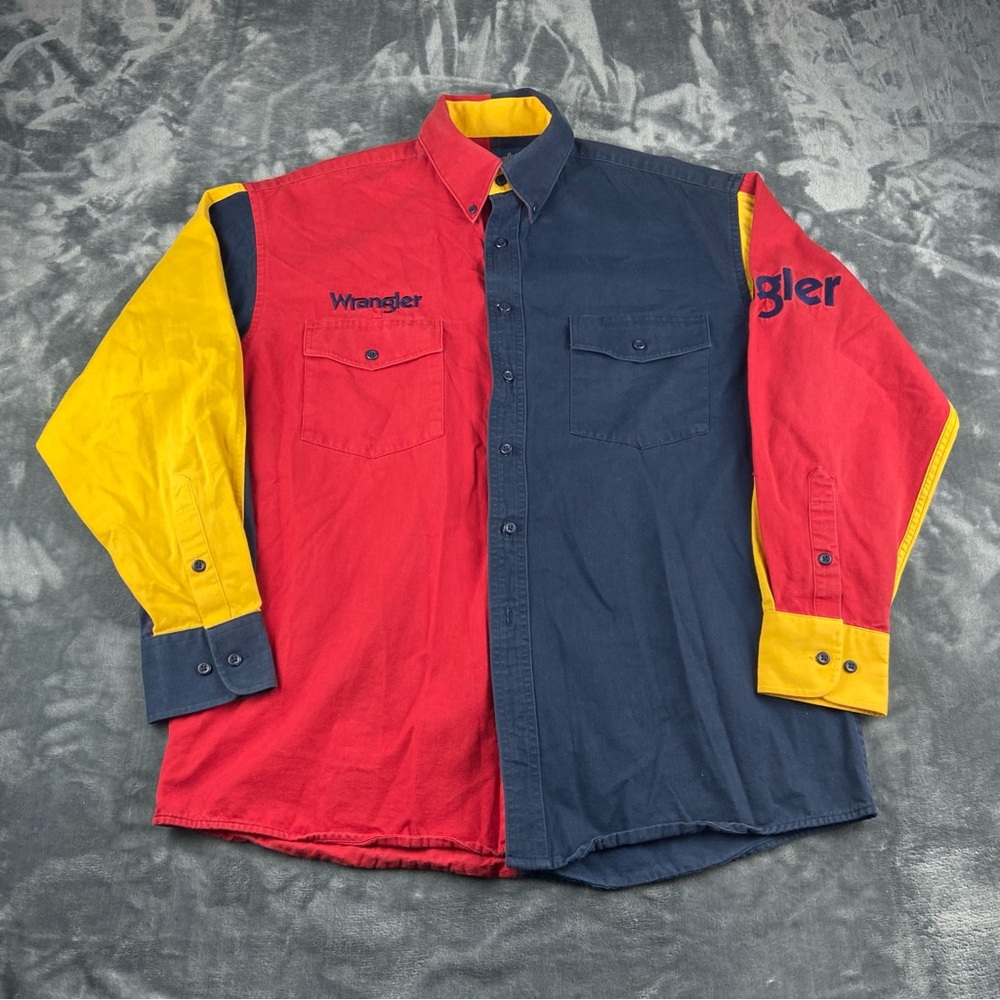 Vintage Wrangler Blue Red Colorblock Spellout Embroidered Western Shirt Sz Large